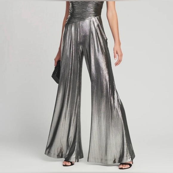 RETROFETE EVERLY METALLIC SILVER GUNMETAL FLARE WIDE LEG JUMPSUIT - Picture 7 of 15